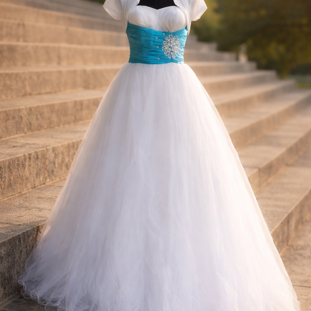 White Tulle Prom Dress Small | Turquoise Satin Waist | Rhinestone Detail